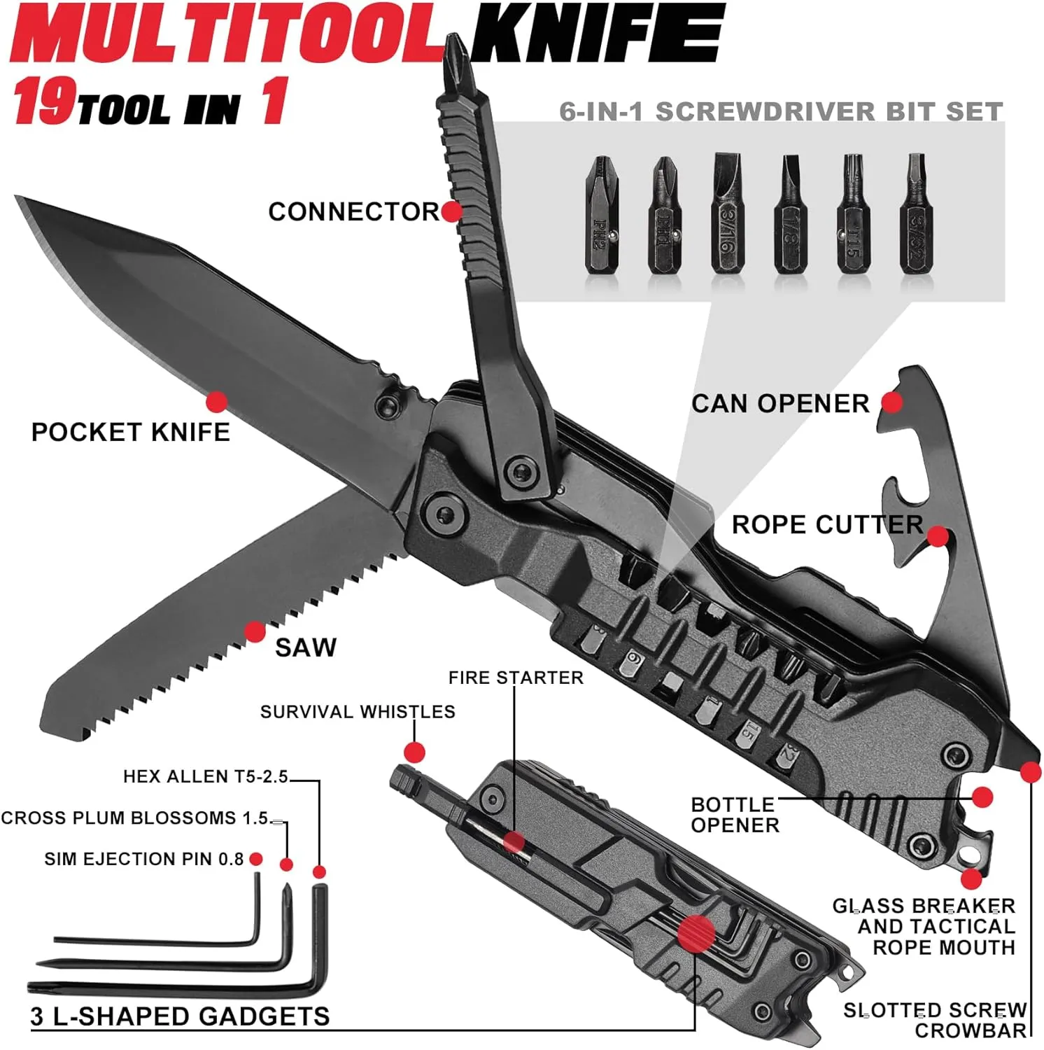 19 In 1 Multitool Pocket Knife - EDC, Outdoor, Camping Gear, Pocket Knife for Men, Brother, Uncle, Grandpa, Cool Gadgets Gifts Idea, Stocking Stuffers for Christmas, Birthday, Fathers day