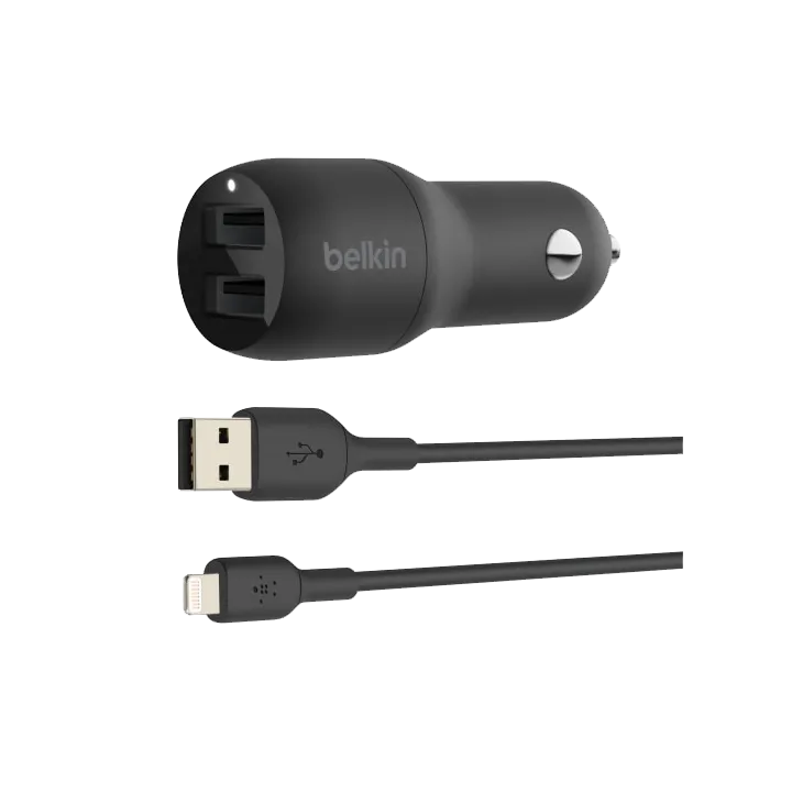 Belkin BoostCHARGER TM Dual USB-A Car Charger 24W   Lightning to USB-A Cable