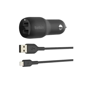 Belkin BoostCHARGER TM Dual USB-A Car Charger 24W   Lightning to USB-A Cable