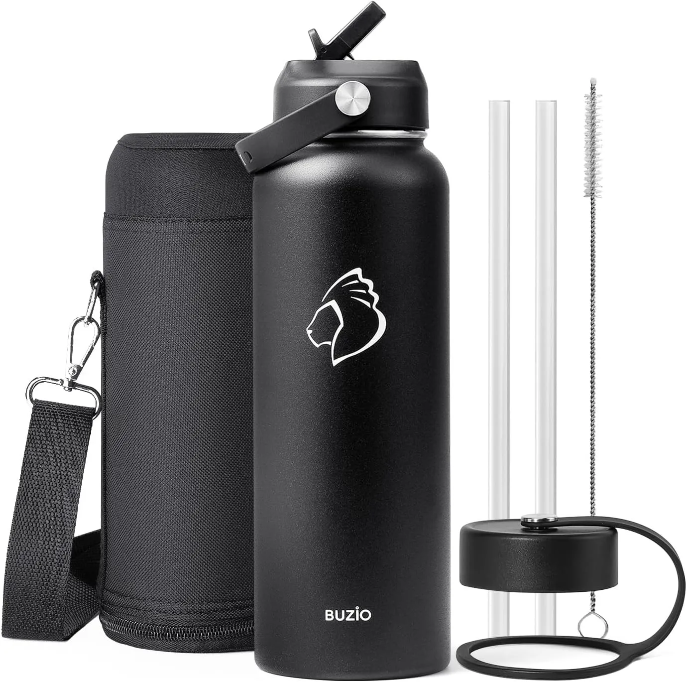 BUZIO 40oz Insulated Water Bottle, Triple Wall Vacuum Stainless Steel Water Flask with 2 lids, Lead-Free BPA-Free Straw Lid Sports Canteen Jug, Cold 48H & Hot 24H- Black