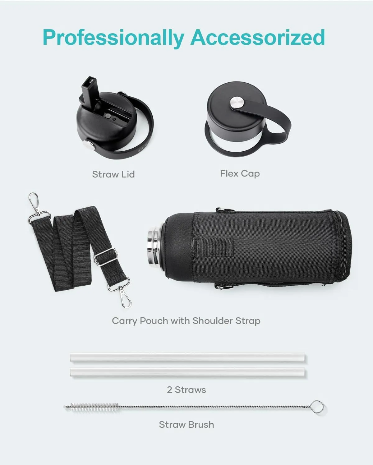 BUZIO 40oz Insulated Water Bottle, Triple Wall Vacuum Stainless Steel Water Flask with 2 lids, Lead-Free BPA-Free Straw Lid Sports Canteen Jug, Cold 48H & Hot 24H- Black