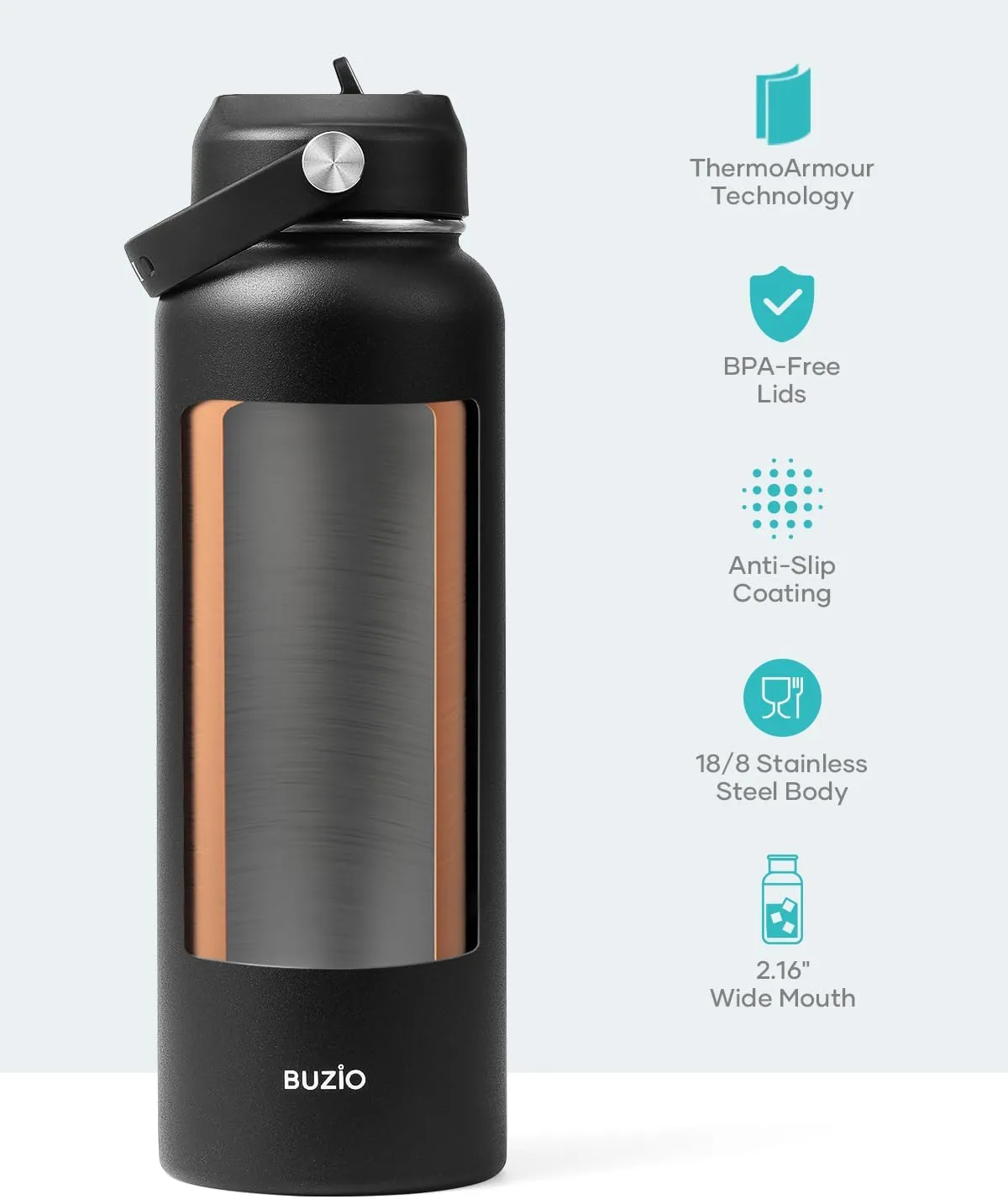 BUZIO 40oz Insulated Water Bottle, Triple Wall Vacuum Stainless Steel Water Flask with 2 lids, Lead-Free BPA-Free Straw Lid Sports Canteen Jug, Cold 48H & Hot 24H- Black