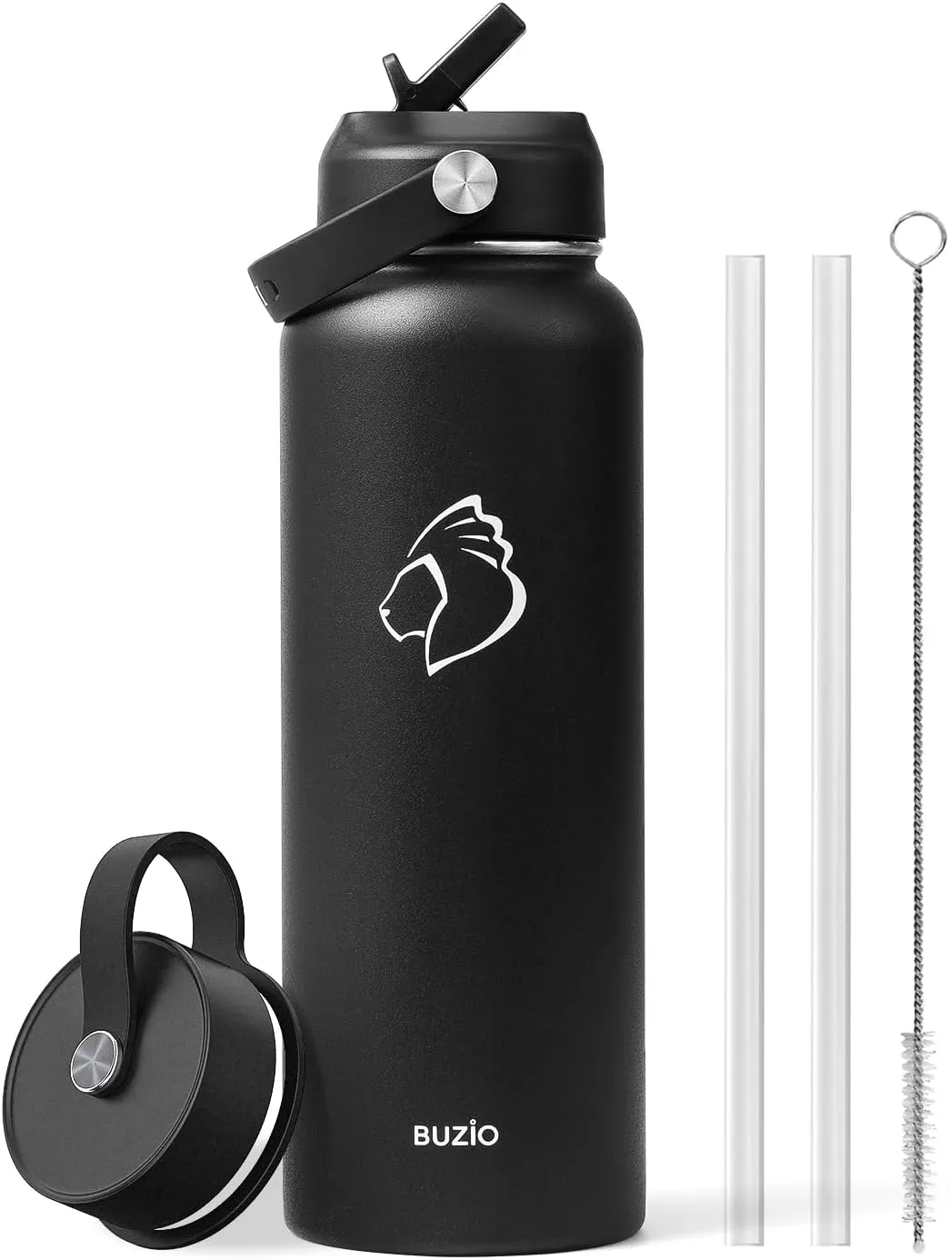 BUZIO 40oz Insulated Water Bottle, Triple Wall Vacuum Stainless Steel Water Flask with 2 lids, Lead-Free BPA-Free Straw Lid Sports Canteen Jug, Cold 48H & Hot 24H- Black