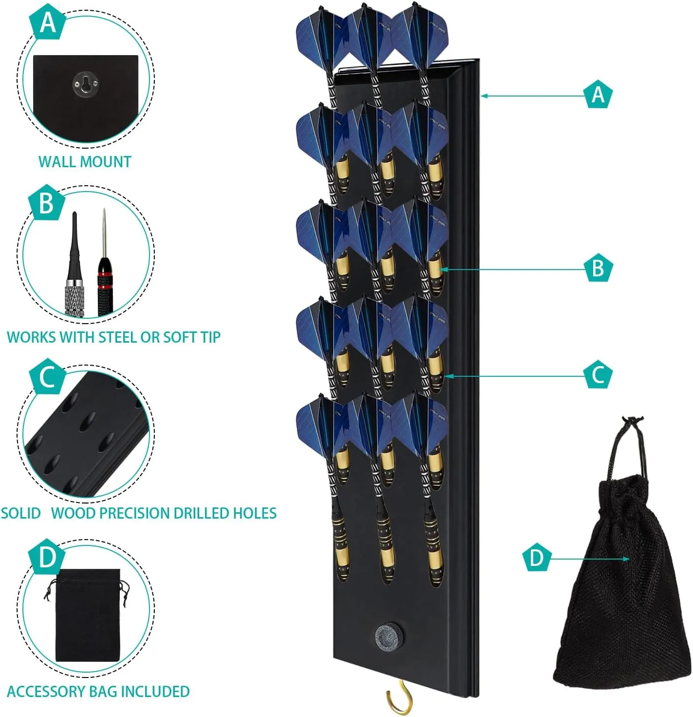 FDLS Darts Holder Wall Mounted Displays 12 or 15 Steel/Soft Tip Darts, Darts Caddy for wall with Metal Hook, Accessory Storage Bag
