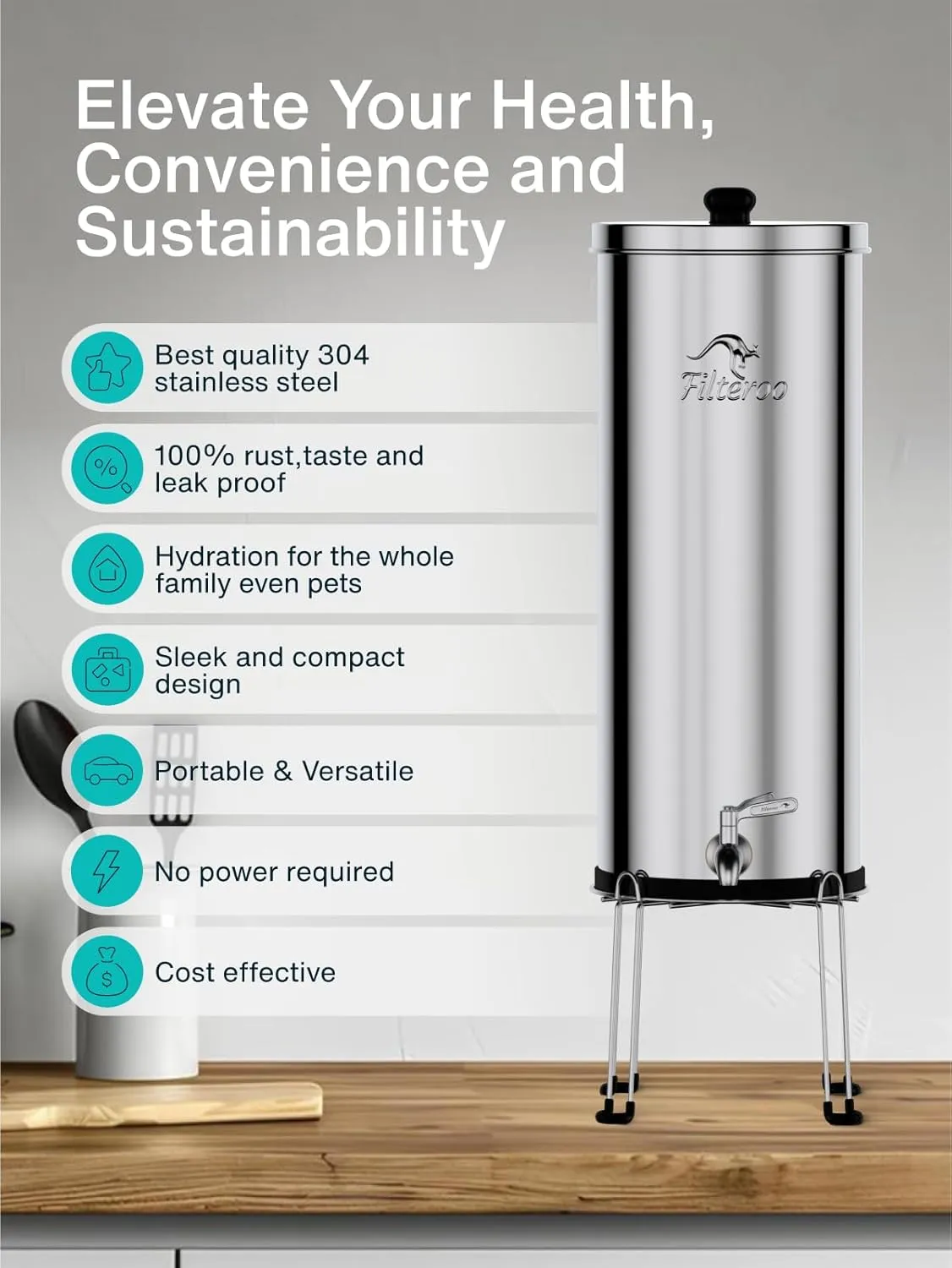 Filteroo Superoo Countertop Gravity Water Filter System - 3.17 Gal/12L | 304 Stainless Steel | 2 Carbon Filters | NSF/ANSI Tested Gravity-Fed Water Purifier | Remove Bacterias & Heavy Metals
