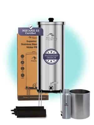 Filteroo Superoo Countertop Gravity Water Filter System - 3.17 Gal/12L | 304 Stainless Steel | 2 Carbon Filters | NSF/ANSI Tested Gravity-Fed Water Purifier | Remove Bacterias & Heavy Metals