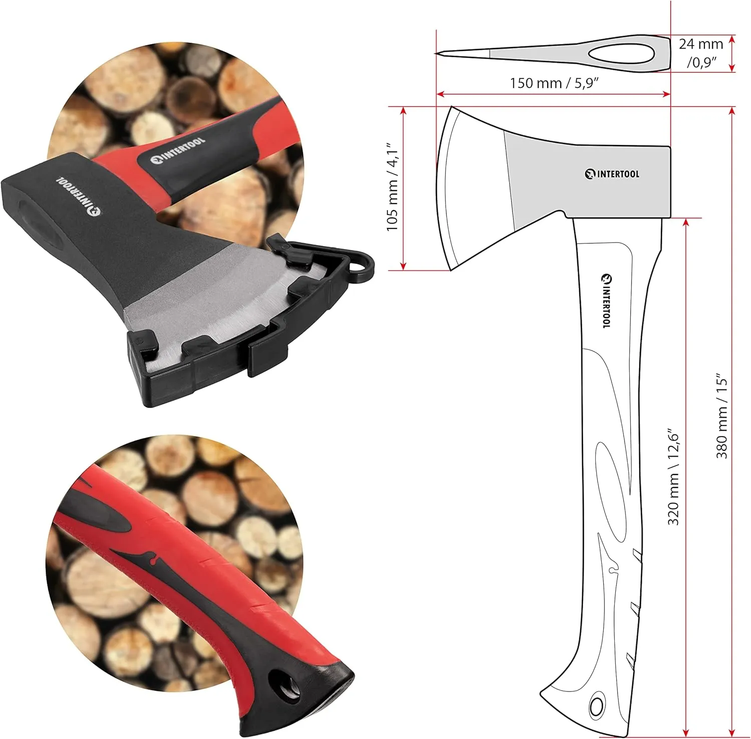 INTERTOOL Hatchet for Chopping Wood and kindling - Small Hand Axe for Camping Firewood - 15 Survival Ax - with Shock-Absorbing Fiberglass Anti-Slip Handle HT-0261
