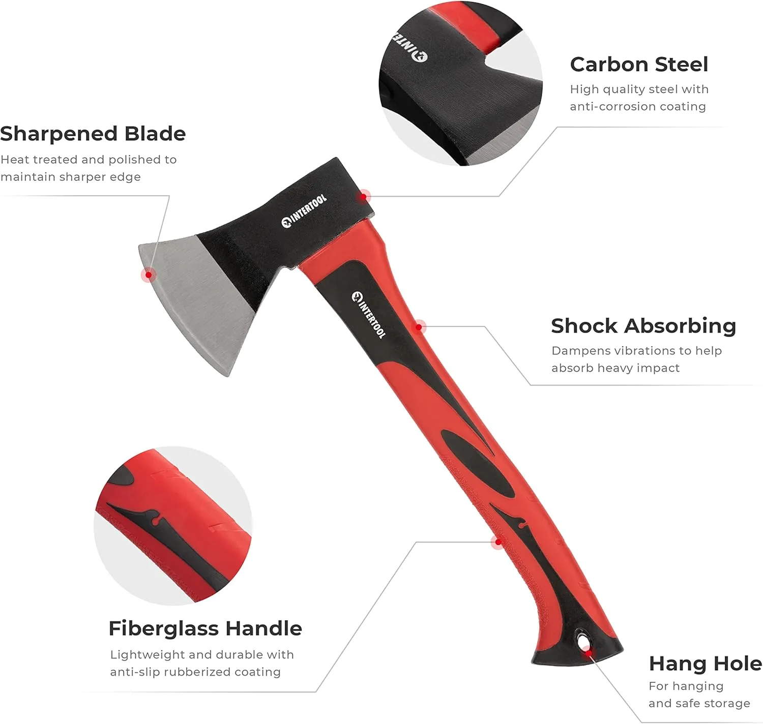 INTERTOOL Hatchet for Chopping Wood and kindling - Small Hand Axe for Camping Firewood - 15 Survival Ax - with Shock-Absorbing Fiberglass Anti-Slip Handle HT-0261