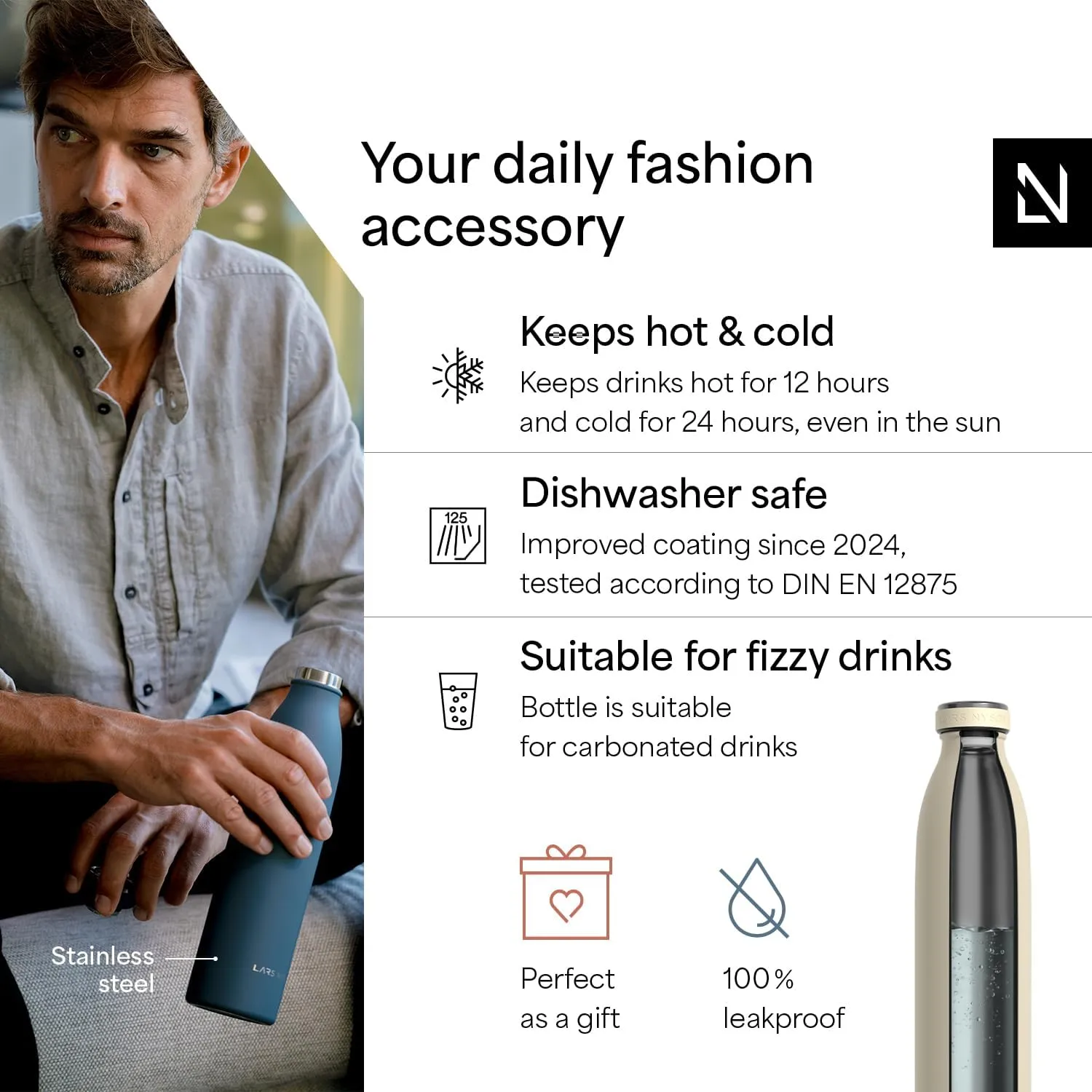 LARS NYSM Stainless Steel Insulated Water Bottle 12oz 17oz 25oz 34oz 51oz | Insulated Thermo Flask for Hot and Cold Beverages | Leakproof Drinking Bottle (Almond Beige, 17oz)