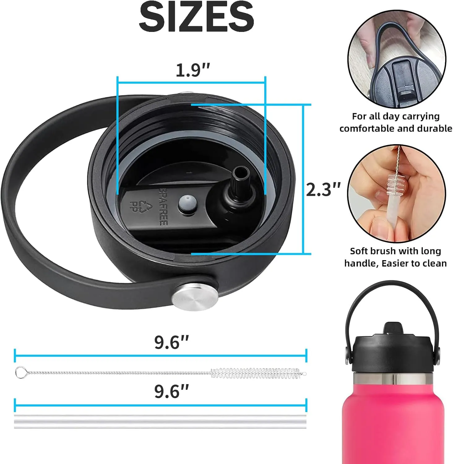 Straw Lid for Hydro Flask, Lids with Straw Compatible with Hydro Flask Wide Mouth 12/18/20/32/40 oz Water Bottles, Leak-Proof Drinking Cap with Replacement Straw, Durable Sport Bottle Lid Accessories