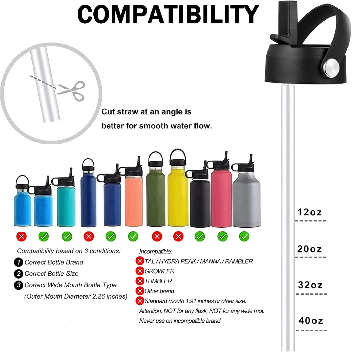 Straw Lid for Hydro Flask, Lids with Straw Compatible with Hydro Flask Wide Mouth 12/18/20/32/40 oz Water Bottles, Leak-Proof Drinking Cap with Replacement Straw, Durable Sport Bottle Lid Accessories