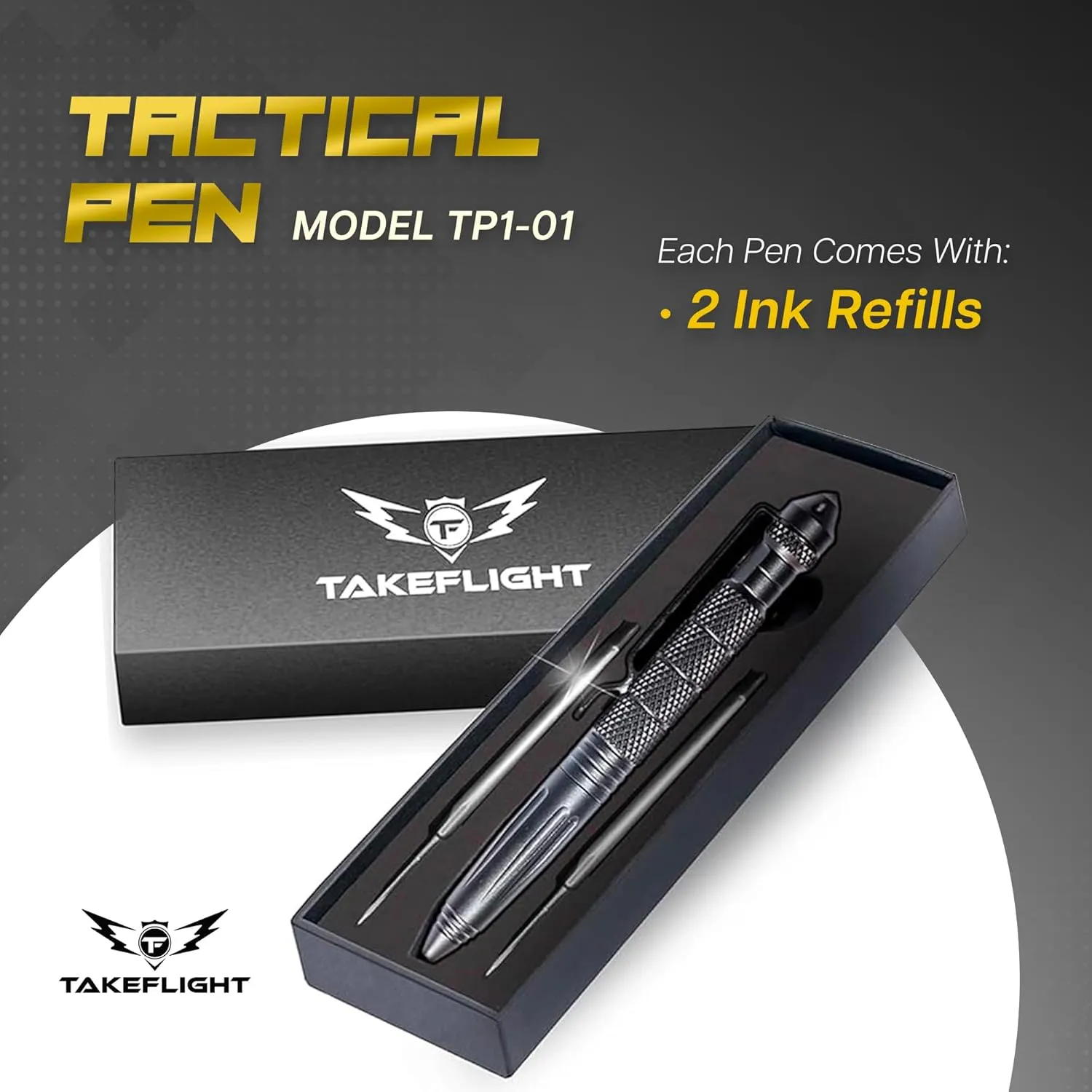 TF TAKEFLIGHT Tactical Pen Multitool  Gifts For Men Dad - Diamond Thread Grip, Strong Rugged Aluminum EDC Survival Gear, Pocket Military Writing Glass Breaker, Pen Collection - Black Card