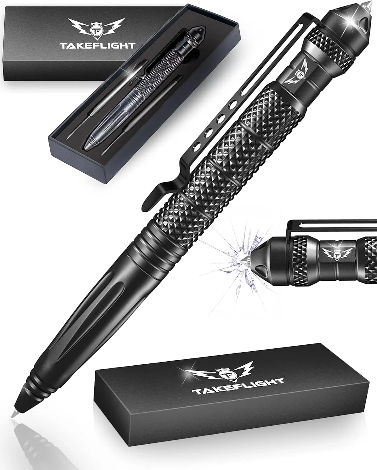 TF TAKEFLIGHT Tactical Pen Multitool  Gifts For Men Dad - Diamond Thread Grip, Strong Rugged Aluminum EDC Survival Gear, Pocket Military Writing Glass Breaker, Pen Collection - Black Card