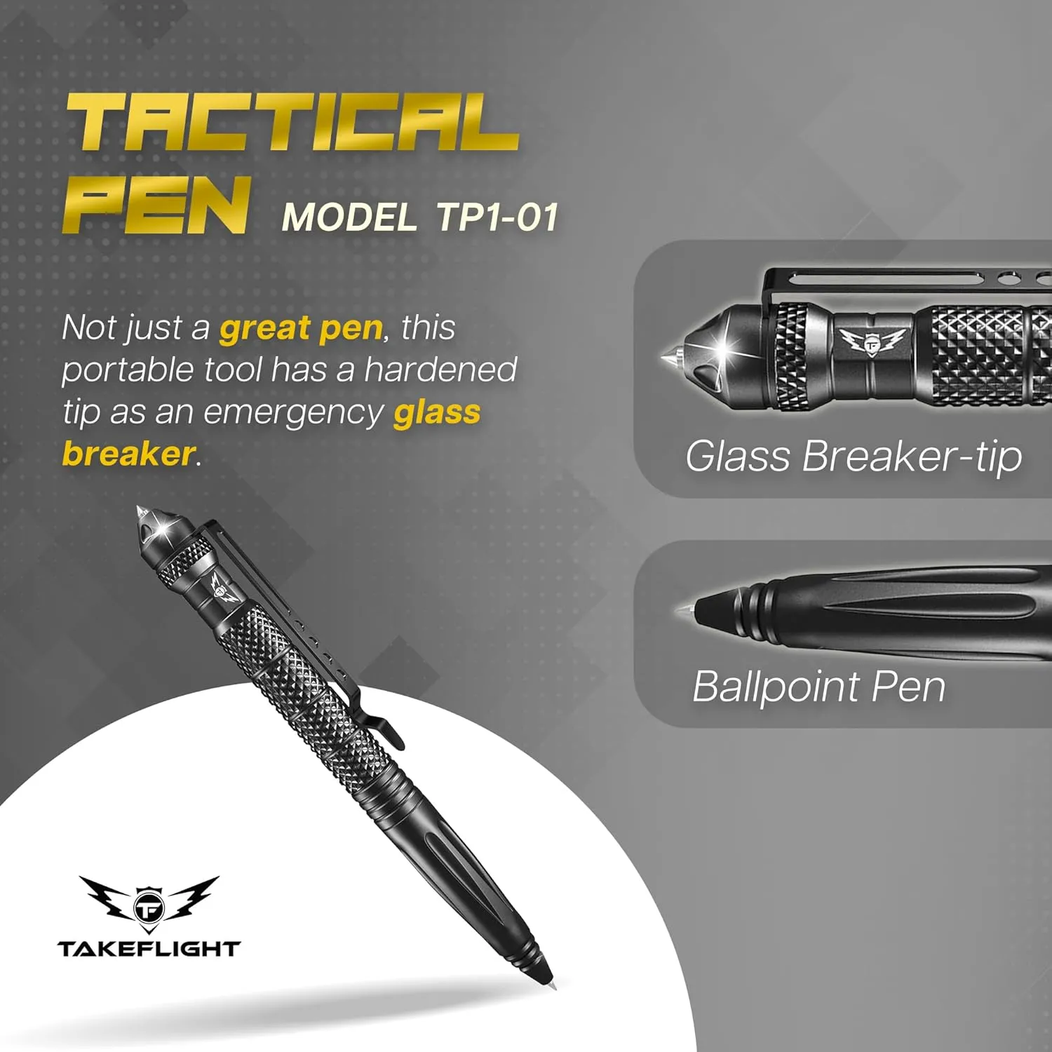 TF TAKEFLIGHT Tactical Pen Multitool  Gifts For Men Dad - Diamond Thread Grip, Strong Rugged Aluminum EDC Survival Gear, Pocket Military Writing Glass Breaker, Pen Collection - Black Card