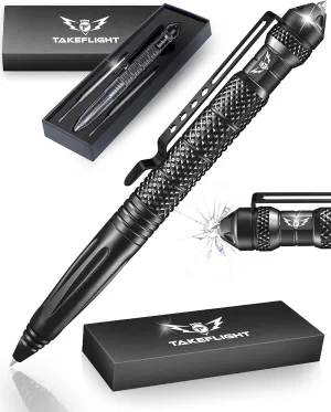 TF TAKEFLIGHT Tactical Pen Multitool  Gifts For Men Dad - Diamond Thread Grip, Strong Rugged Aluminum EDC Survival Gear, Pocket Military Writing Glass Breaker, Pen Collection - Black Card