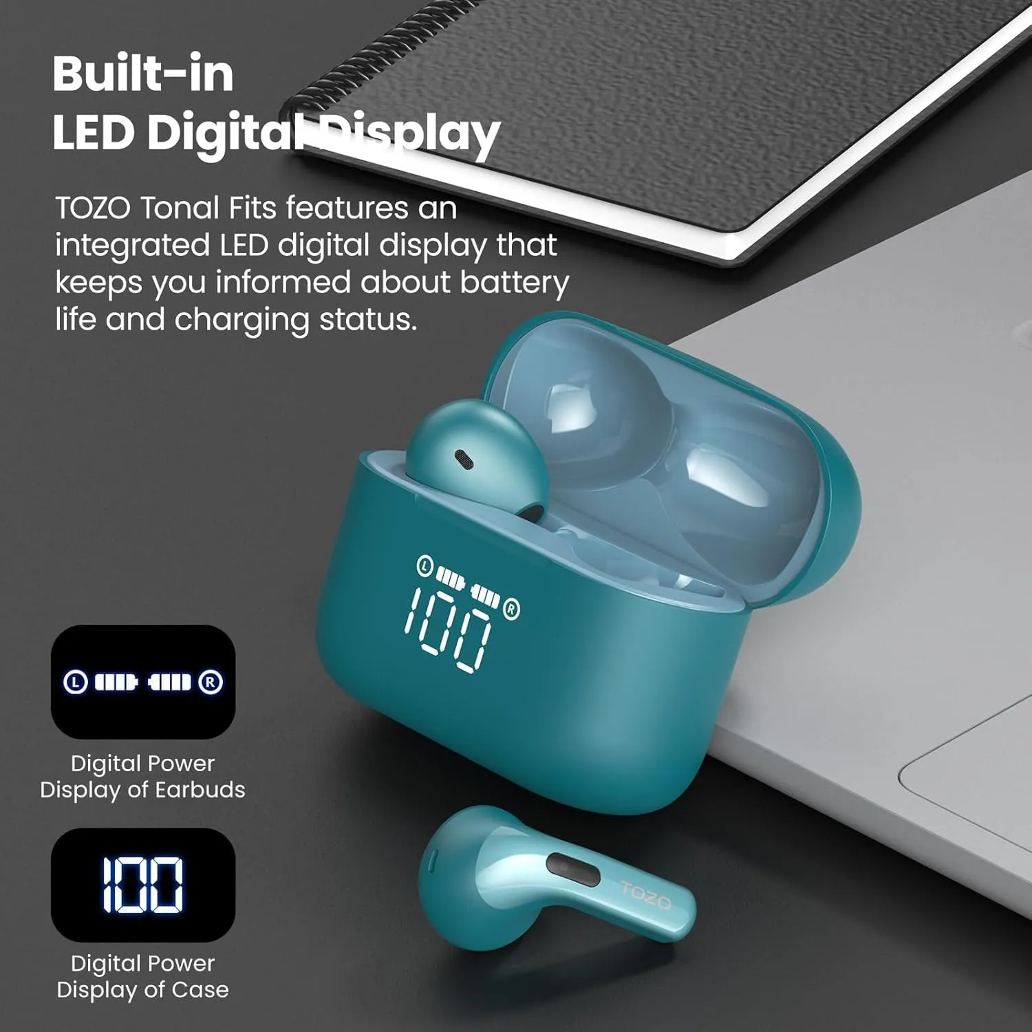 TOZO T21 Wireless Earbuds Bluetooth 5.3 in Ear Headphones Dual Mic Call Noise Cancelling IPX8 Waterproof 44H Playback Stereo Sound with LED Display Wireless Charging Case 32 EQs via APP