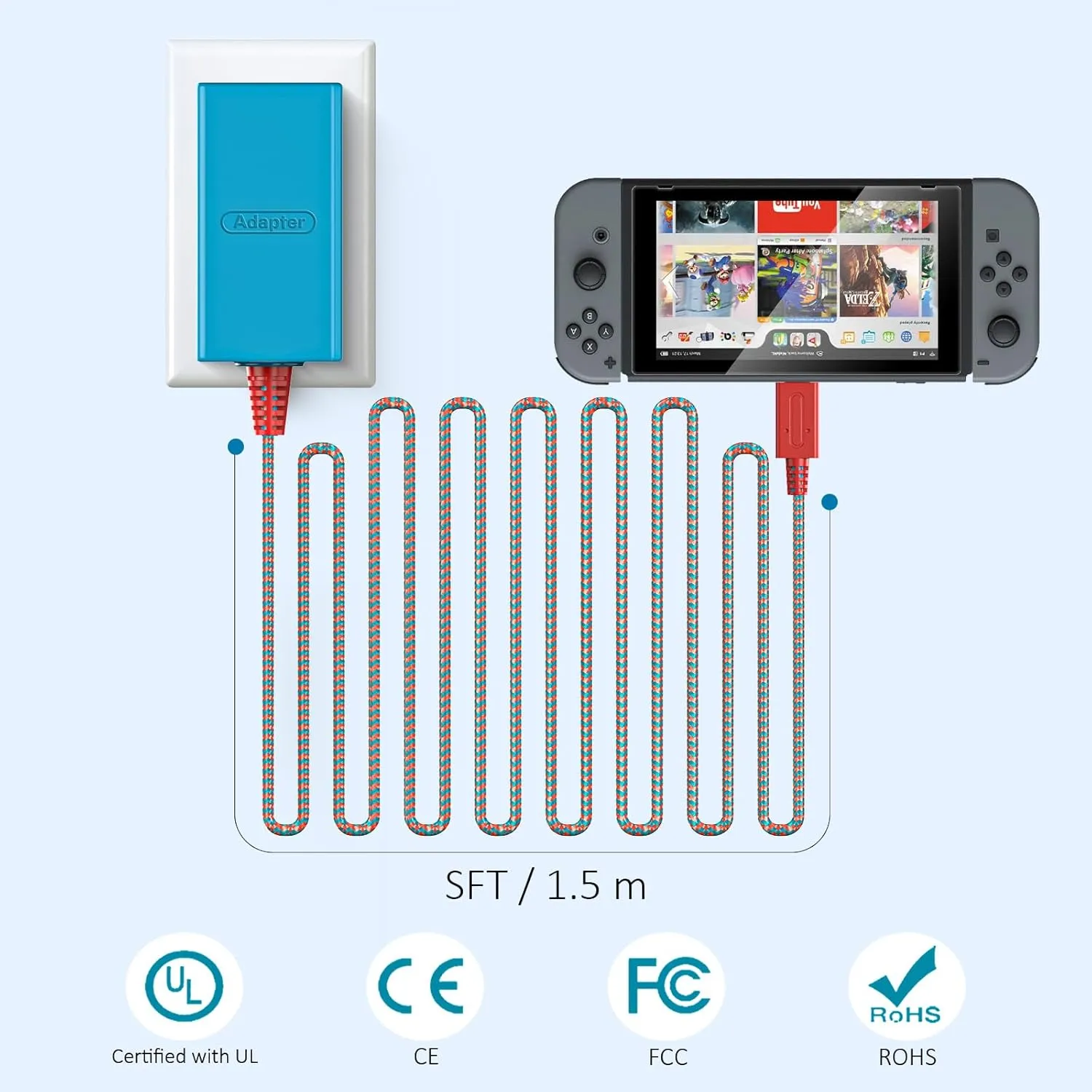 TPC 39W Charger for Nintendo Switch, 15V 2.6A AC Adapter Fast Charging with 5FT USB-C Cord, Compatible with Switch Lite, OLED, Steam Deck, Support TV Mode (Red/Blue)