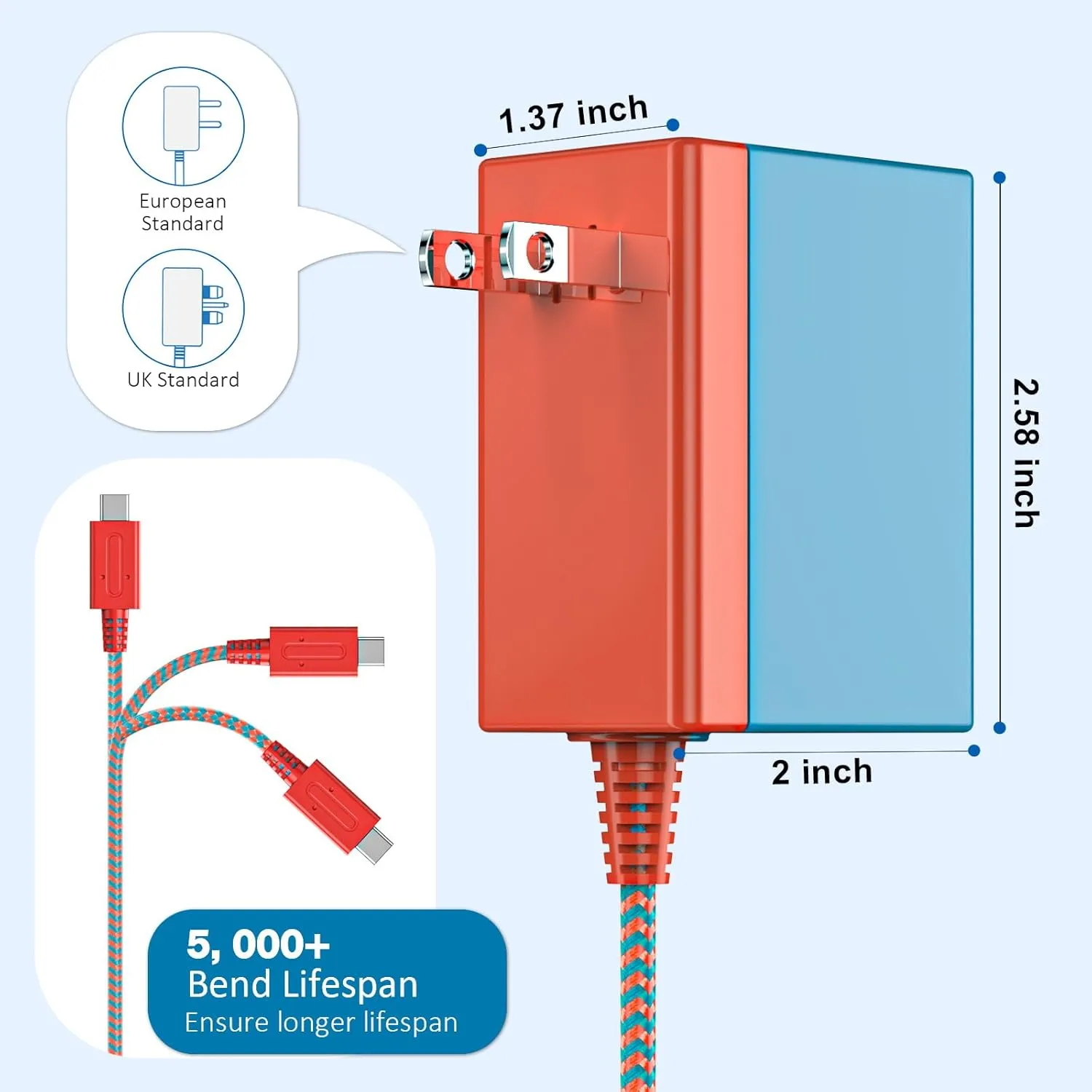 TPC 39W Charger for Nintendo Switch, 15V 2.6A AC Adapter Fast Charging with 5FT USB-C Cord, Compatible with Switch Lite, OLED, Steam Deck, Support TV Mode (Red/Blue)